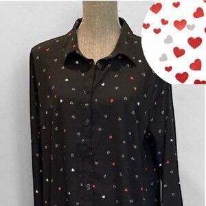 Black Button-Up Shirt Tunic with Hearts Size XL